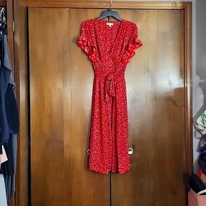 Max studio red and white dress , flowered size  large mid calf length